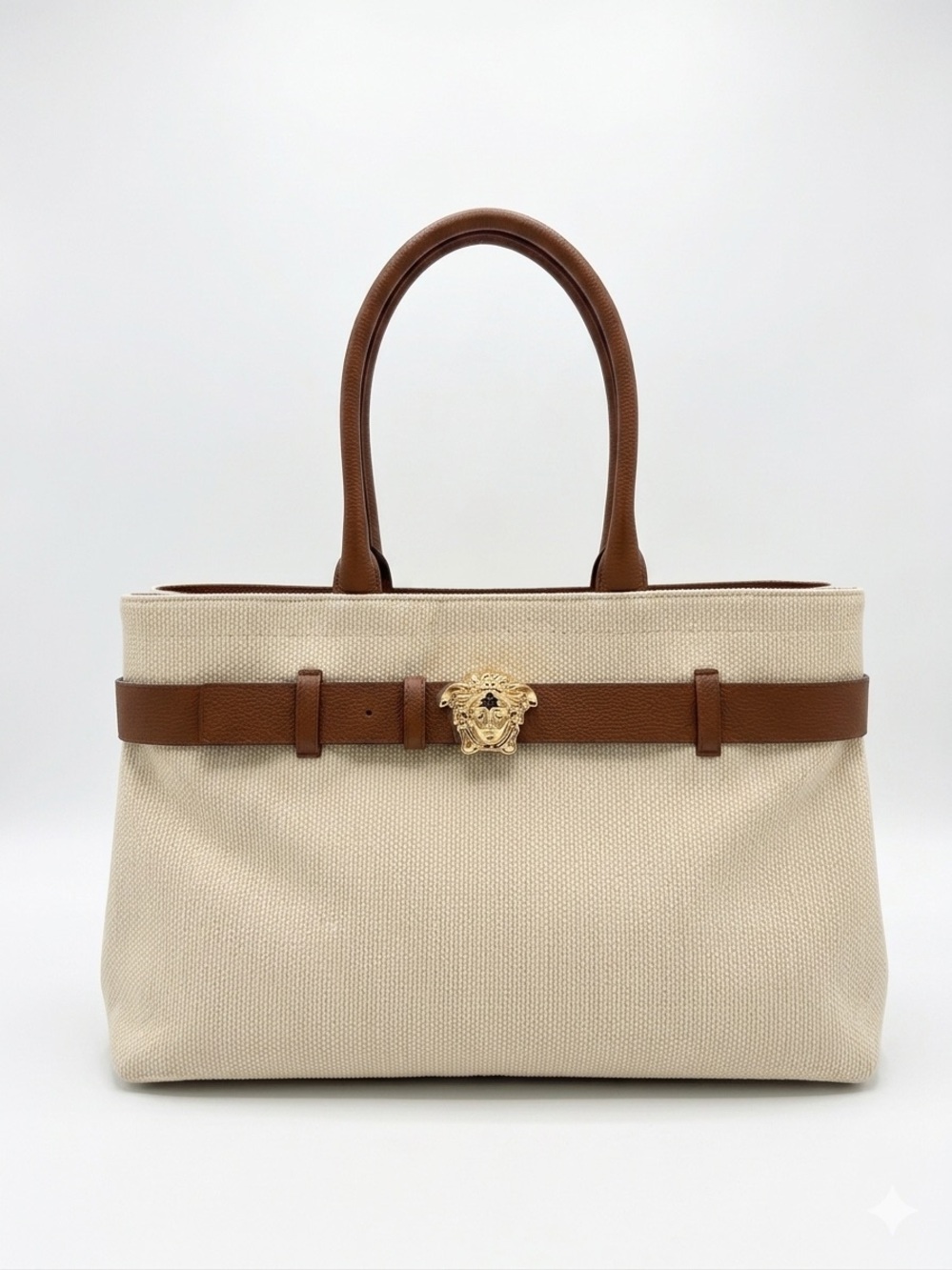 Versace Cream Canvas Tote with Brown Leather Belt and Gold Medusa New